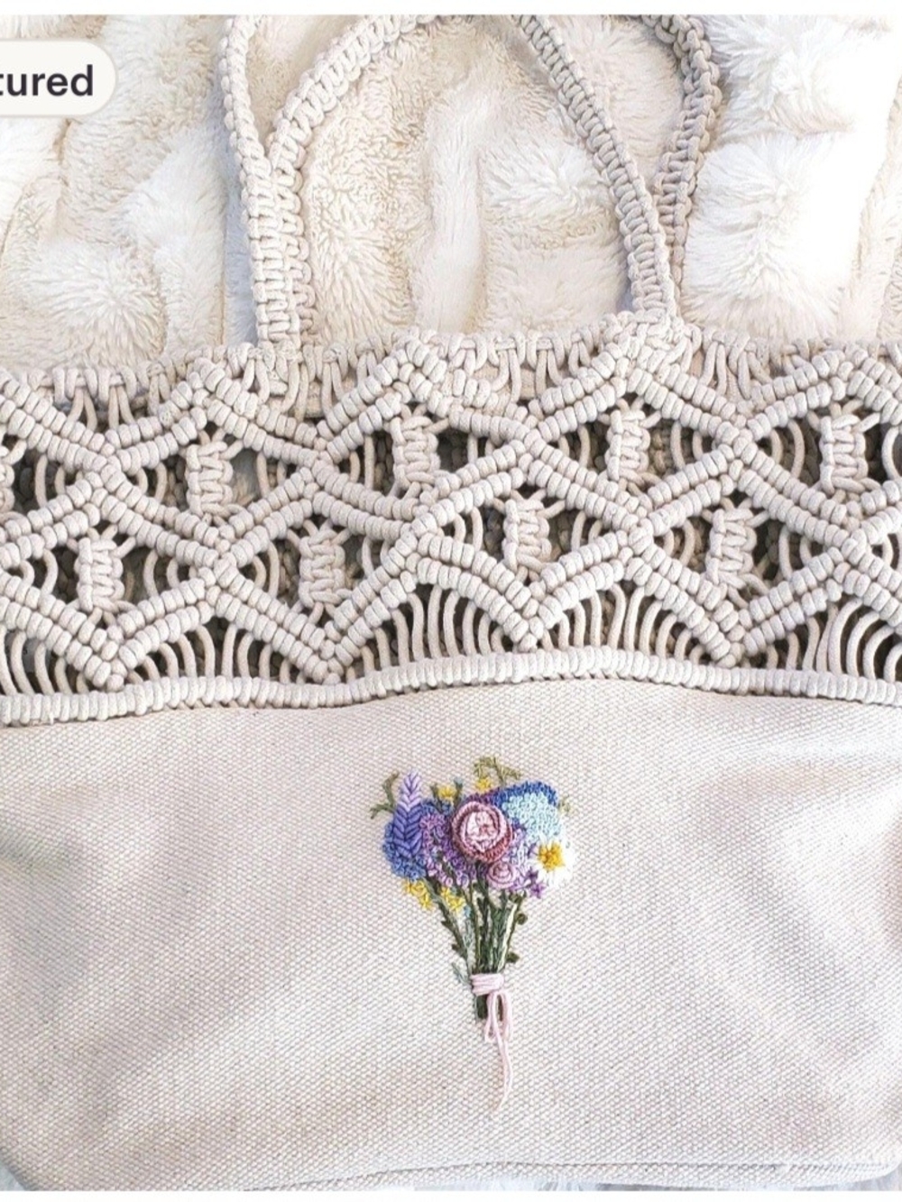 Cream Macramé Tote Bag with Hand Embroidered Floral Bouquet